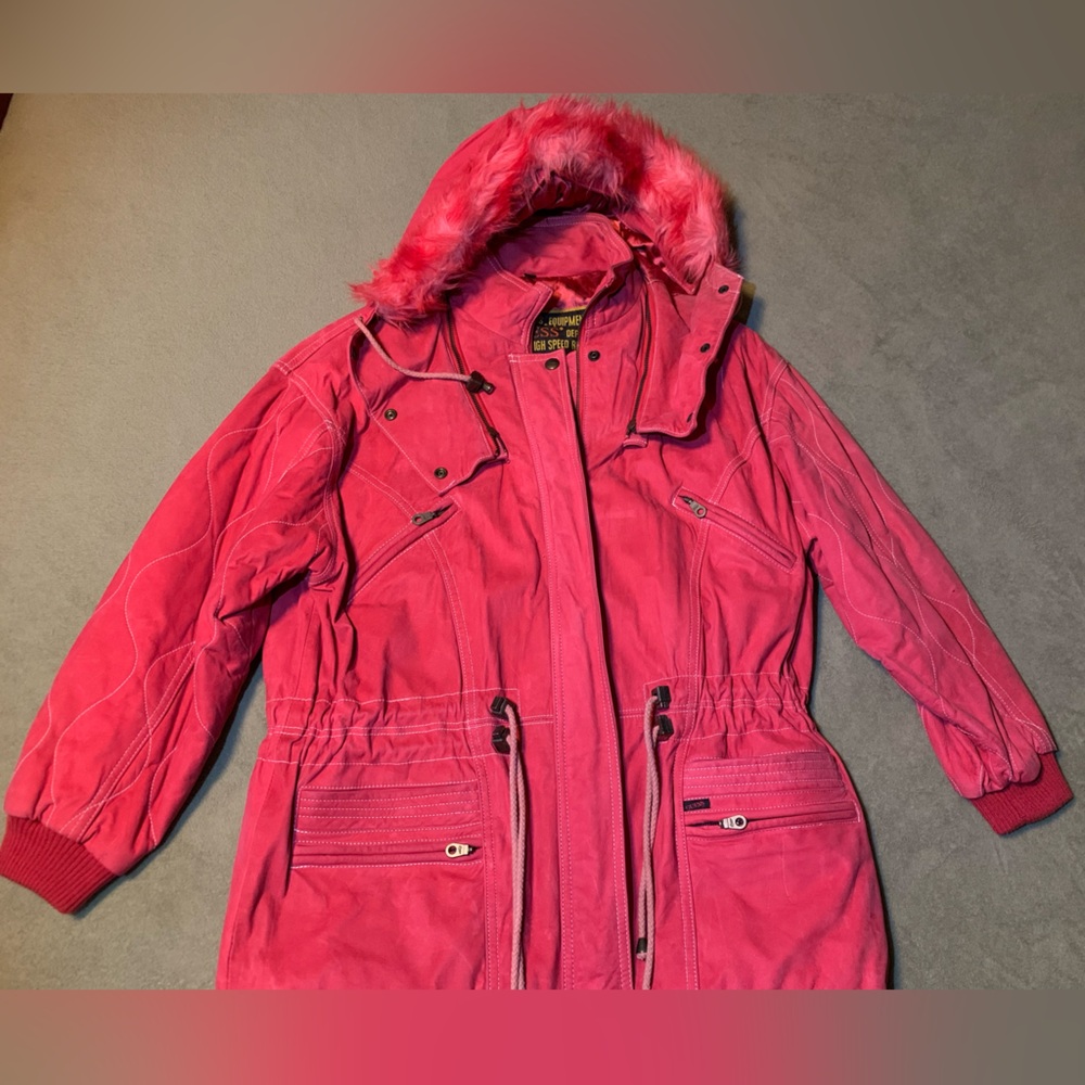 Vintage Guess Women’s Large Coral Suede Leather Hooded Jacket